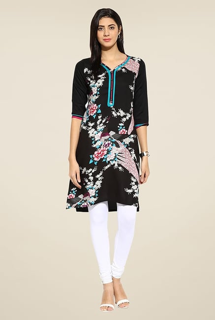 Mytri Black Floral Print Kurti Mytri Black Floral Print Kurti