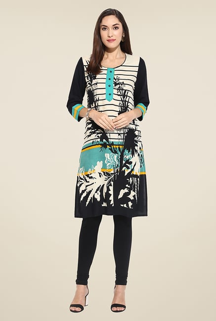 Mytri Beige & Blue Printed Kurti Mytri Beige & Blue Printed Kurti