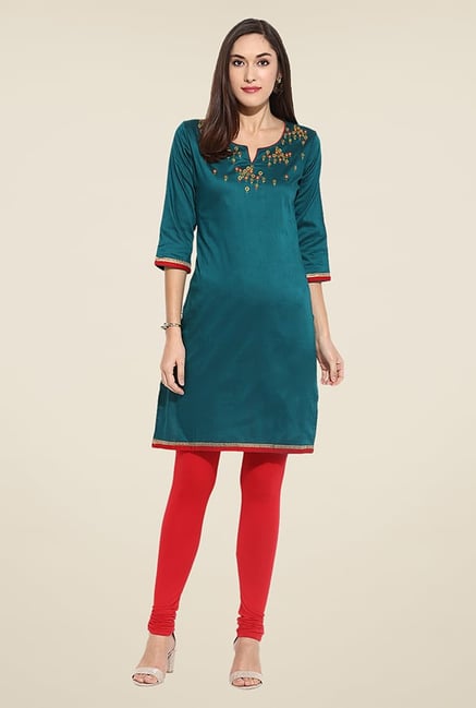 Mytri Teal Embroidered Kurti Mytri Teal Embroidered Kurti