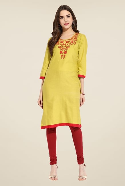 Mytri Yellow Embroidered Kurti Mytri Yellow Embroidered Kurti