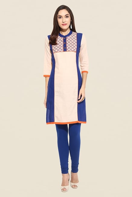 Mytri Beige & Blue Embroidered Kurti Mytri Beige & Blue Embroidered Kurti