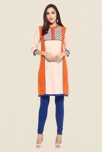 Mytri Beige & Orange Embroidered Kurti Mytri Beige & Orange Embroidered Kurti