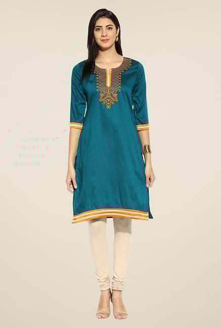 Mytri Teal Embroidered Kurti Mytri Teal Embroidered Kurti