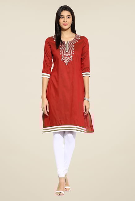 Mytri Maroon Embroidered Kurti Mytri Maroon Embroidered Kurti