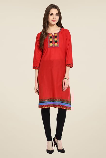 Mytri Red Embroidered Kurti Mytri Red Embroidered Kurti