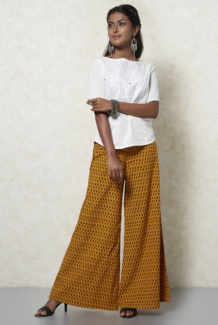 Okhai Mustard Pure Cotton Printed Palazzos Okhai Mustard Pure Cotton Printed Palazzos