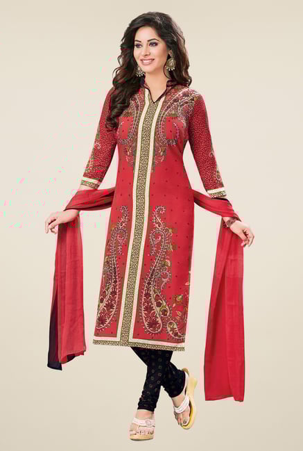 Salwar Studio Coral Red & Black Dress Material with Dupatta Salwar Studio Coral Red & Black Dress Material with Dupatta
