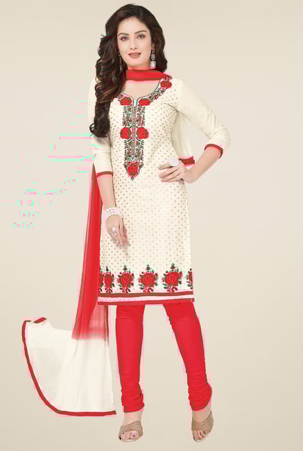 Salwar Studio Cream & Red Dress Material with Dupatta Salwar Studio Cream & Red Dress Material with Dupatta