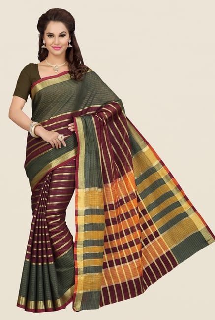 Ishin Olive & Wine Striped Cotton Silk Saree Ishin Olive & Wine Striped Cotton Silk Saree