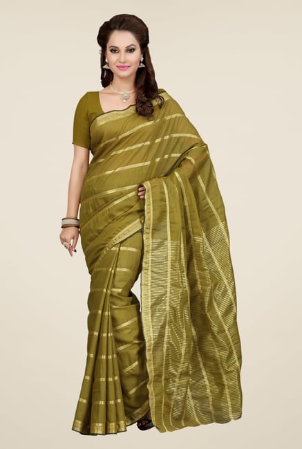 Ishin Olive Striped Mercerised Silk Saree Ishin Olive Striped Mercerised Silk Saree