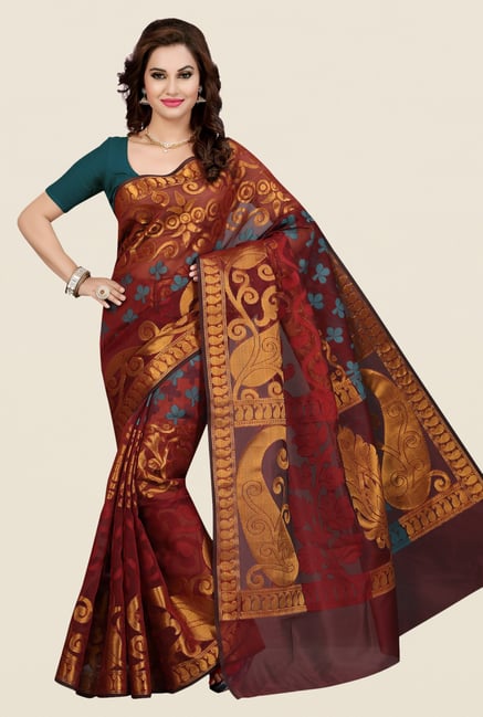 Ishin Maroon Printed Kora Silk Saree Ishin Maroon Printed Kora Silk Saree