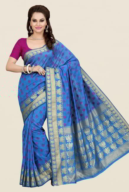 Ishin Blue Printed Kora Silk Saree Ishin Blue Printed Kora Silk Saree