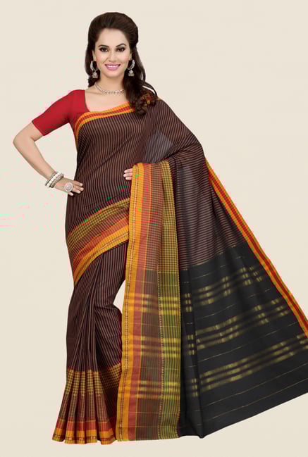 Ishin Brown & Black Striped Poly Cotton Saree Ishin Brown & Black Striped Poly Cotton Saree