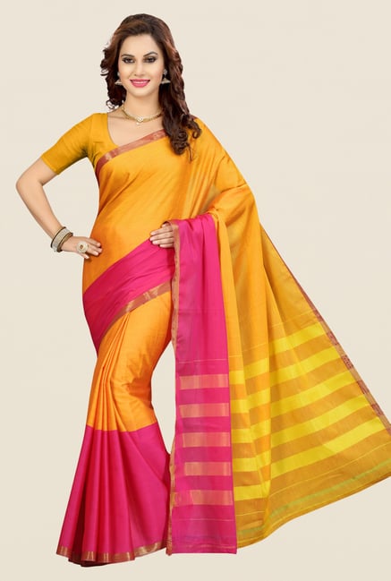 Ishin Yellow & Pink Solid Mercerised Silk Saree Ishin Yellow & Pink Solid Mercerised Silk Saree