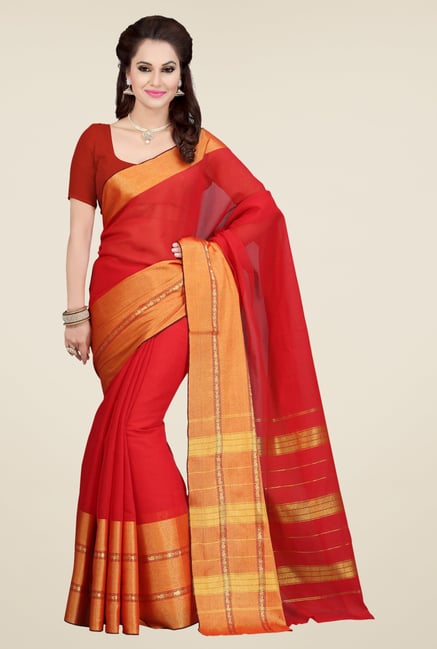 Ishin Red Solid Malgudi Cotton Saree Ishin Red Solid Malgudi Cotton Saree