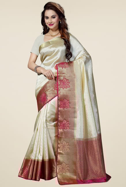 Ishin White Woven Zari Border Saree with Richpallu Ishin White Woven Zari Border Saree with Richpallu