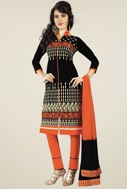 Ishin Black & Orange Printed Dress Material Ishin Black & Orange Printed Dress Material