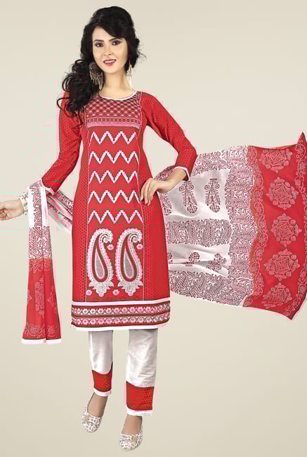 Ishin Red & White Printed Dress Material Ishin Red & White Printed Dress Material