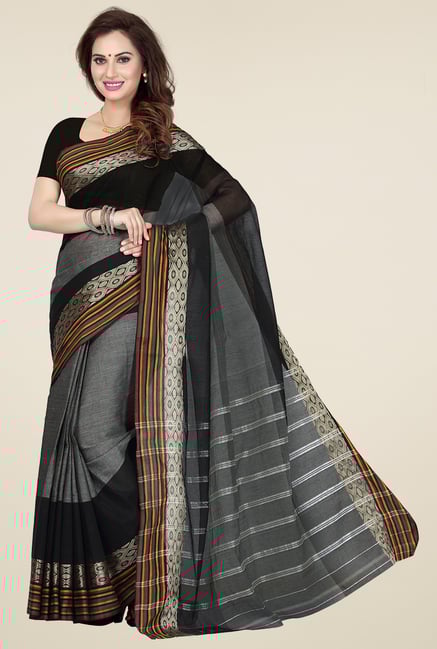 Ishin Grey & Black Cotton Printed Saree Ishin Grey & Black Cotton Printed Saree
