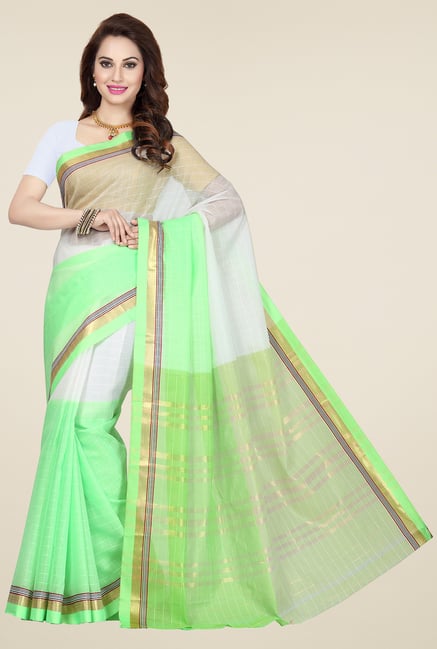 Ishin Green & White Cotton Printed Saree Ishin Green & White Cotton Printed Saree