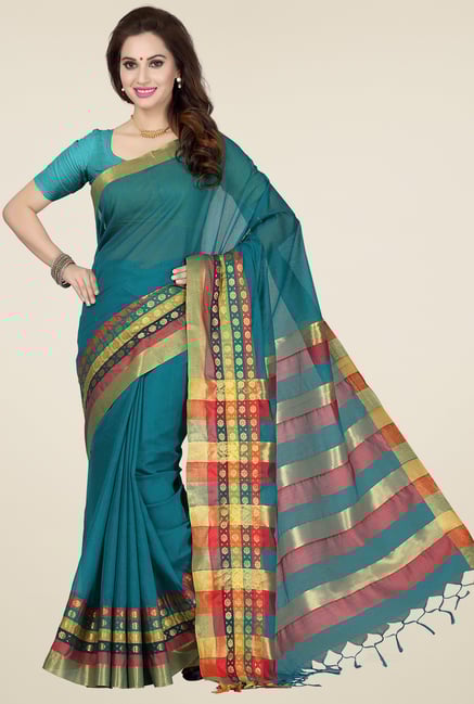 Ishin Blue & Red Cotton Printed Saree Ishin Blue & Red Cotton Printed Saree