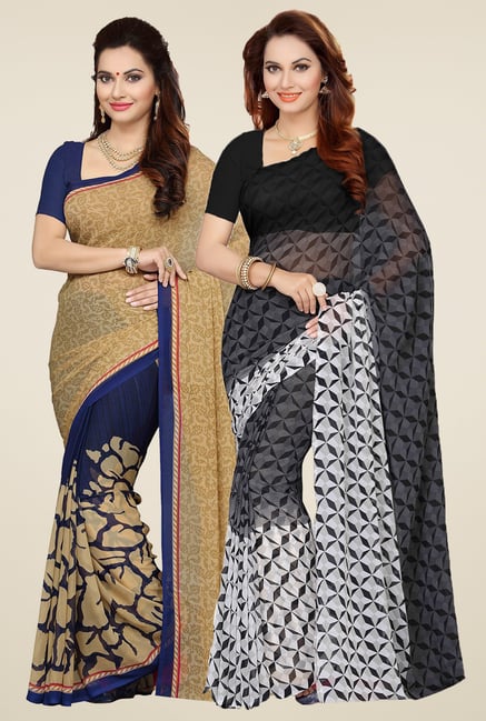 Ishin Beige & Black Printed Sarees (Pack of 2) Ishin Beige & Black Printed Sarees (Pack of 2)