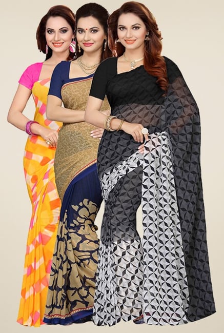 Ishin Yellow, Beige & Black Printed Sarees (Pack of 3) Ishin Yellow, Beige & Black Printed Sarees (Pack of 3)