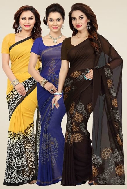 Ishin Yellow, Blue & Brown Printed Sarees (Pack of 3) Ishin Yellow, Blue & Brown Printed Sarees (Pack of 3)