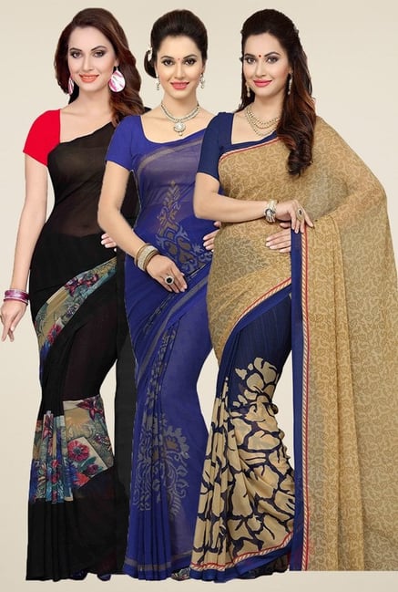 Ishin Black, Blue & Beige Printed Sarees (Pack of 3) Ishin Black, Blue & Beige Printed Sarees (Pack of 3)