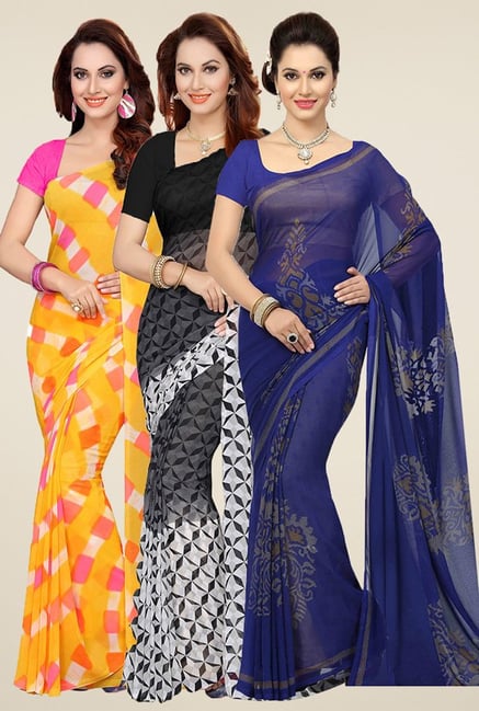 Ishin Yellow, Black & Blue Georgette Sarees (Pack of 3) Ishin Yellow, Black & Blue Georgette Sarees (Pack of 3)