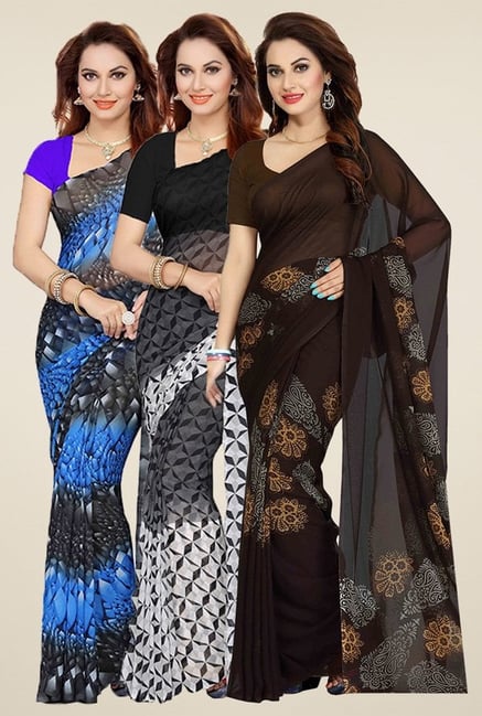 Ishin Blue, Black & Brown Printed Sarees (Pack of 3) Ishin Blue, Black & Brown Printed Sarees (Pack of 3)
