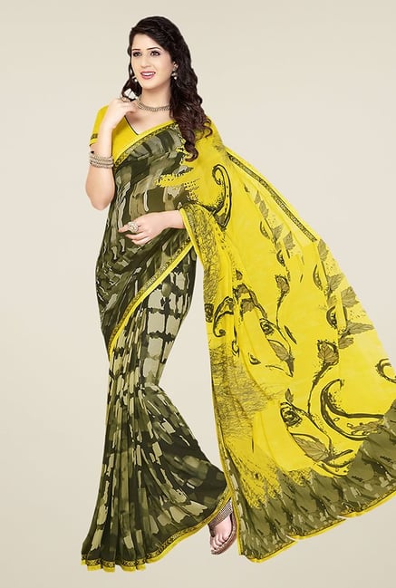 Ishin Olive & Yellow Half & Half Printed Chiffon Saree Ishin Olive & Yellow Half & Half Printed Chiffon Saree