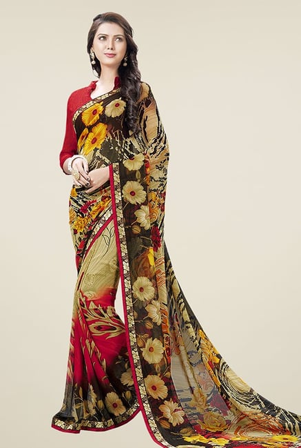 Ishin Multicolor Half & Half Floral Print Chiffon Saree Ishin Multicolor Half & Half Floral Print Chiffon Saree