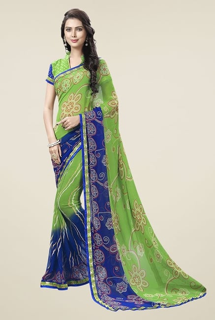 Ishin Green Half & Half Printed Chiffon Saree Ishin Green Half & Half Printed Chiffon Saree