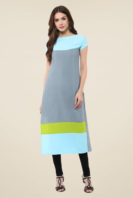 Janasya Grey & Turquoise Solid Kurta Janasya Grey & Turquoise Solid Kurta