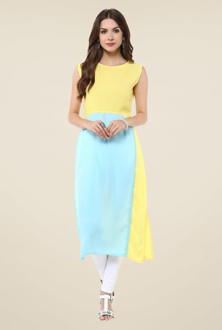 Janasya Turquoise & Yellow Solid Kurta Janasya Turquoise & Yellow Solid Kurta