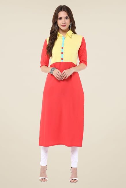 Janasya Coral & Yellow Solid Kurta Janasya Coral & Yellow Solid Kurta