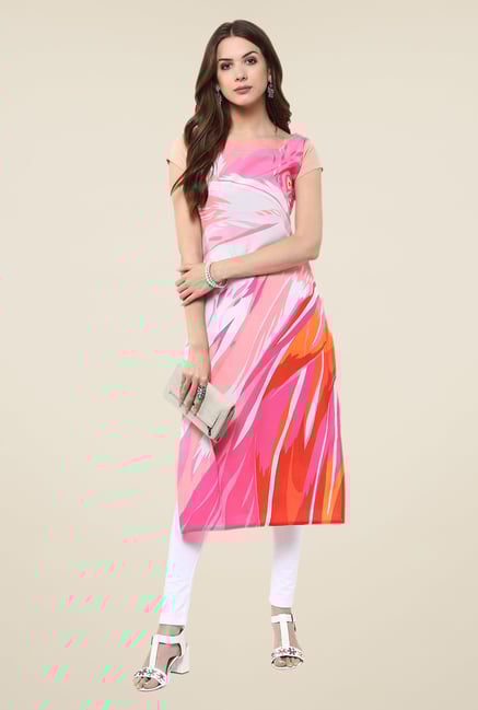 Janasya White & Pink Printed Kurta Janasya White & Pink Printed Kurta