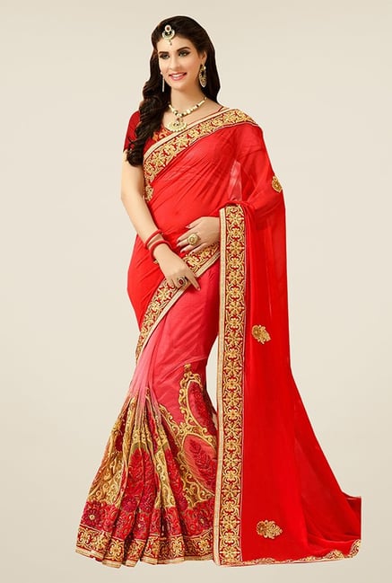 Triveni Red Embroidered Viscose Net Saree Triveni Red Embroidered Viscose Net Saree