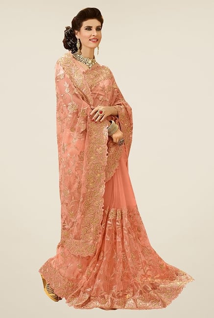 Triveni Peach Embroidered Net Saree Triveni Peach Embroidered Net Saree