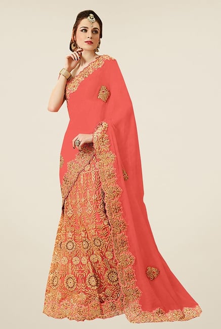 Triveni Peach Embroidered Net Viscose Saree Triveni Peach Embroidered Net Viscose Saree