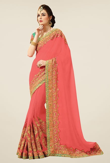 Triveni Peach Embroidered Net Viscose Saree Triveni Peach Embroidered Net Viscose Saree