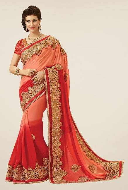 Triveni Peach & Red Embroidered Viscose Saree Triveni Peach & Red Embroidered Viscose Saree