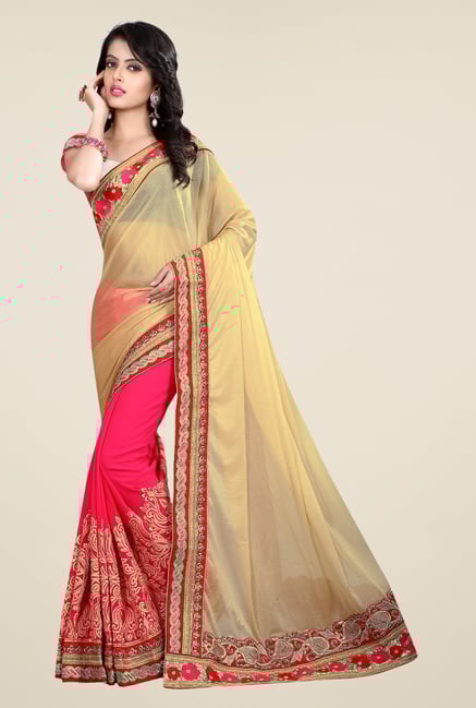 Triveni Pink & Cream Embroidered Lycra Georgette Saree Triveni Pink & Cream Embroidered Lycra Georgette Saree