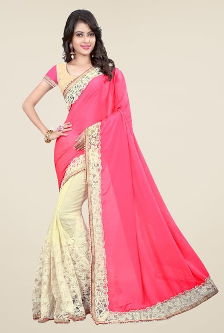 Triveni Cream & Pink Embroidered Art Silk Lycra Saree Triveni Cream & Pink Embroidered Art Silk Lycra Saree