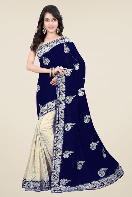 Triveni Cream & Navy Embroidered Velvet Net Saree Triveni Cream & Navy Embroidered Velvet Net Saree