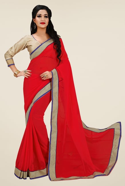 Triveni Red Solid Faux Georgette Saree Triveni Red Solid Faux Georgette Saree