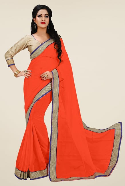 Triveni Orange Solid Faux Georgette Saree Triveni Orange Solid Faux Georgette Saree