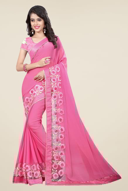 Triveni Pink Solid Faux Chiffon Saree Triveni Pink Solid Faux Chiffon Saree