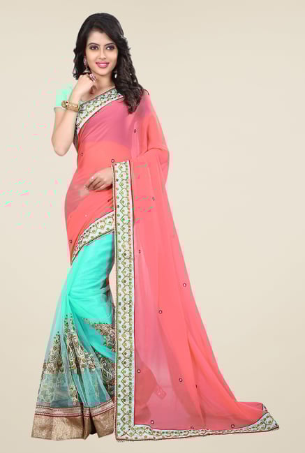 Triveni Sky Blue & Peach Faux Georgette Net Saree Triveni Sky Blue & Peach Faux Georgette Net Saree